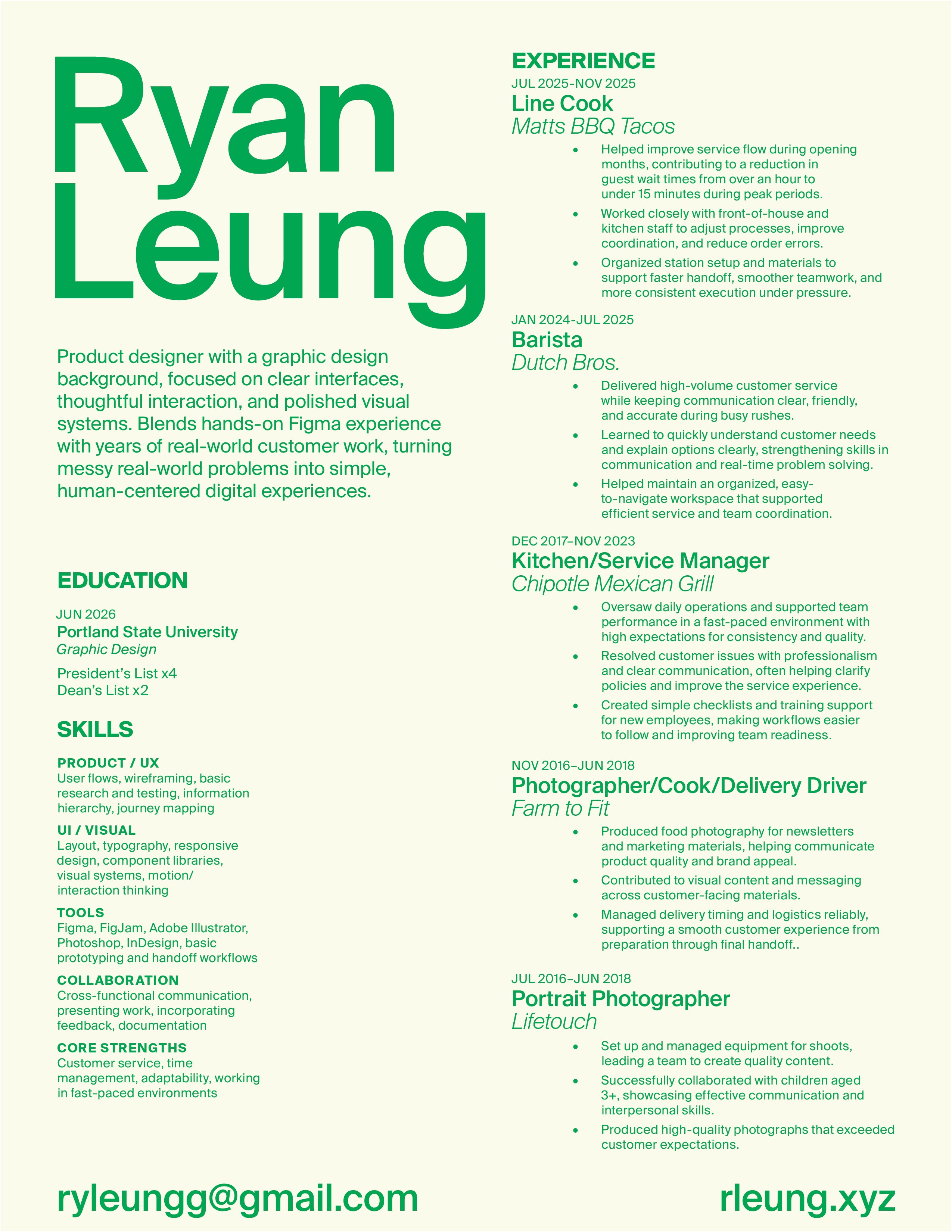Ryan Leung resume, 2026: experience, education, skills, and contact.