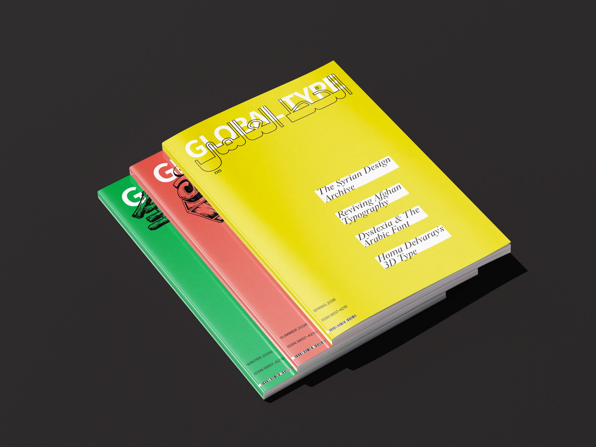 Three upcoming Global Type issues fanned out, each with the masthead set in a different writing system, showing the series system in action