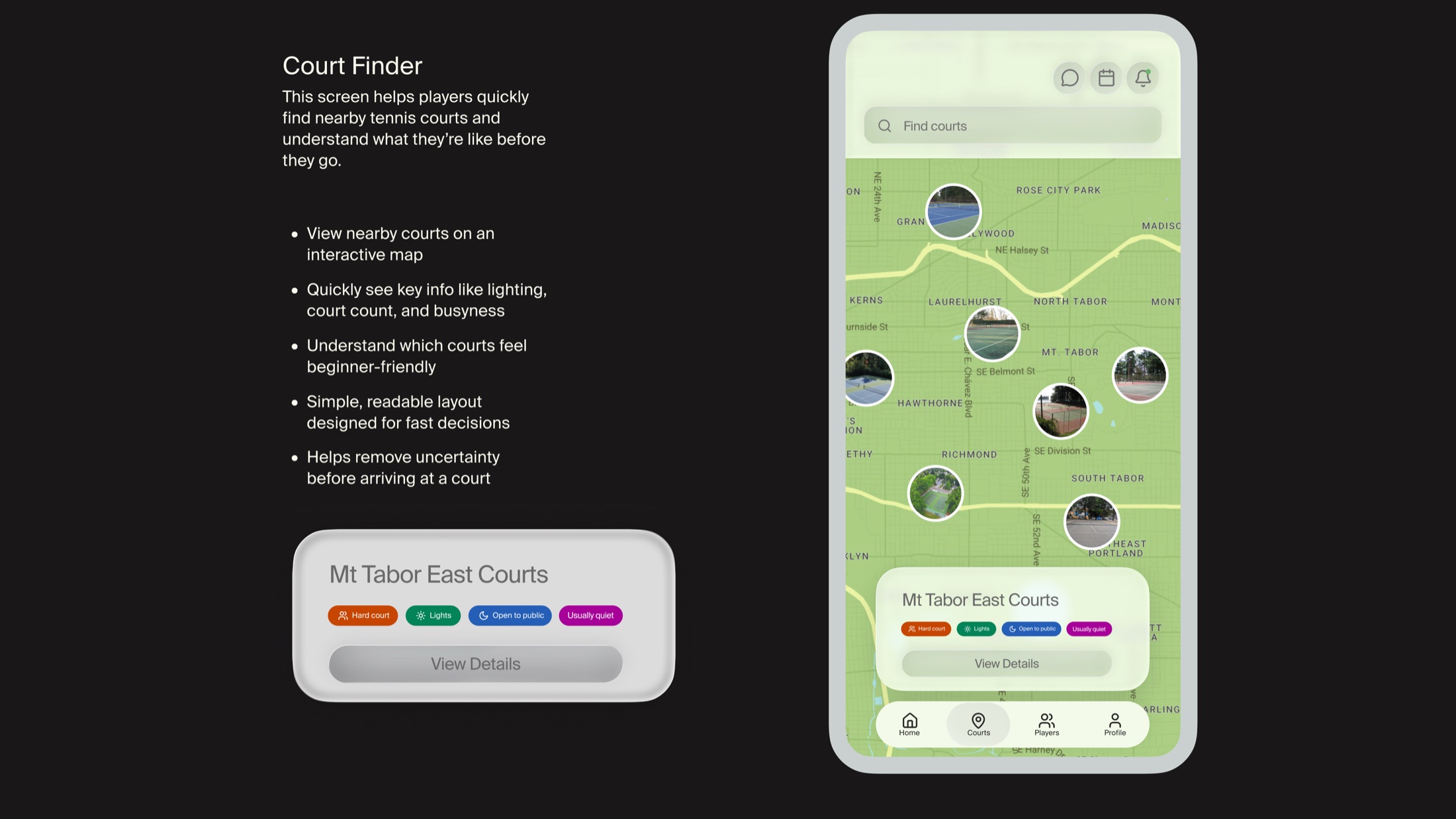 Doubles court finder with an interactive map of nearby courts