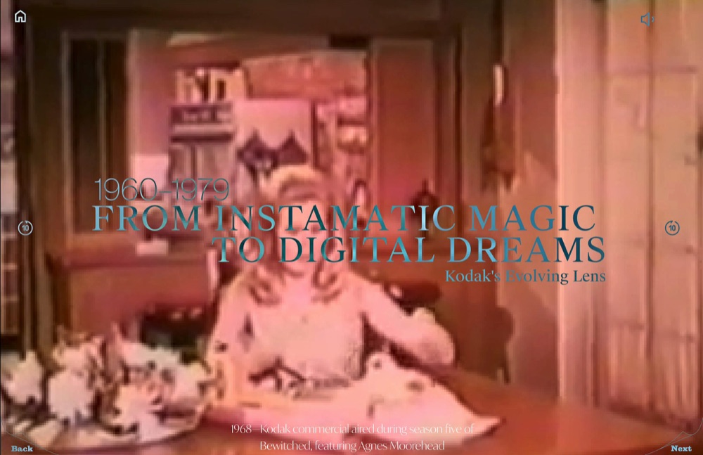Title card for 1960 to 1979, From Instamatic Magic to Digital Dreams, over a 1968 Kodak commercial